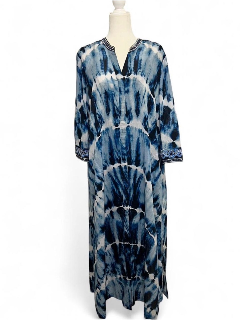 Soft Surroundings Blue and White Tie Dye Button up Kaftan Tunic Dress